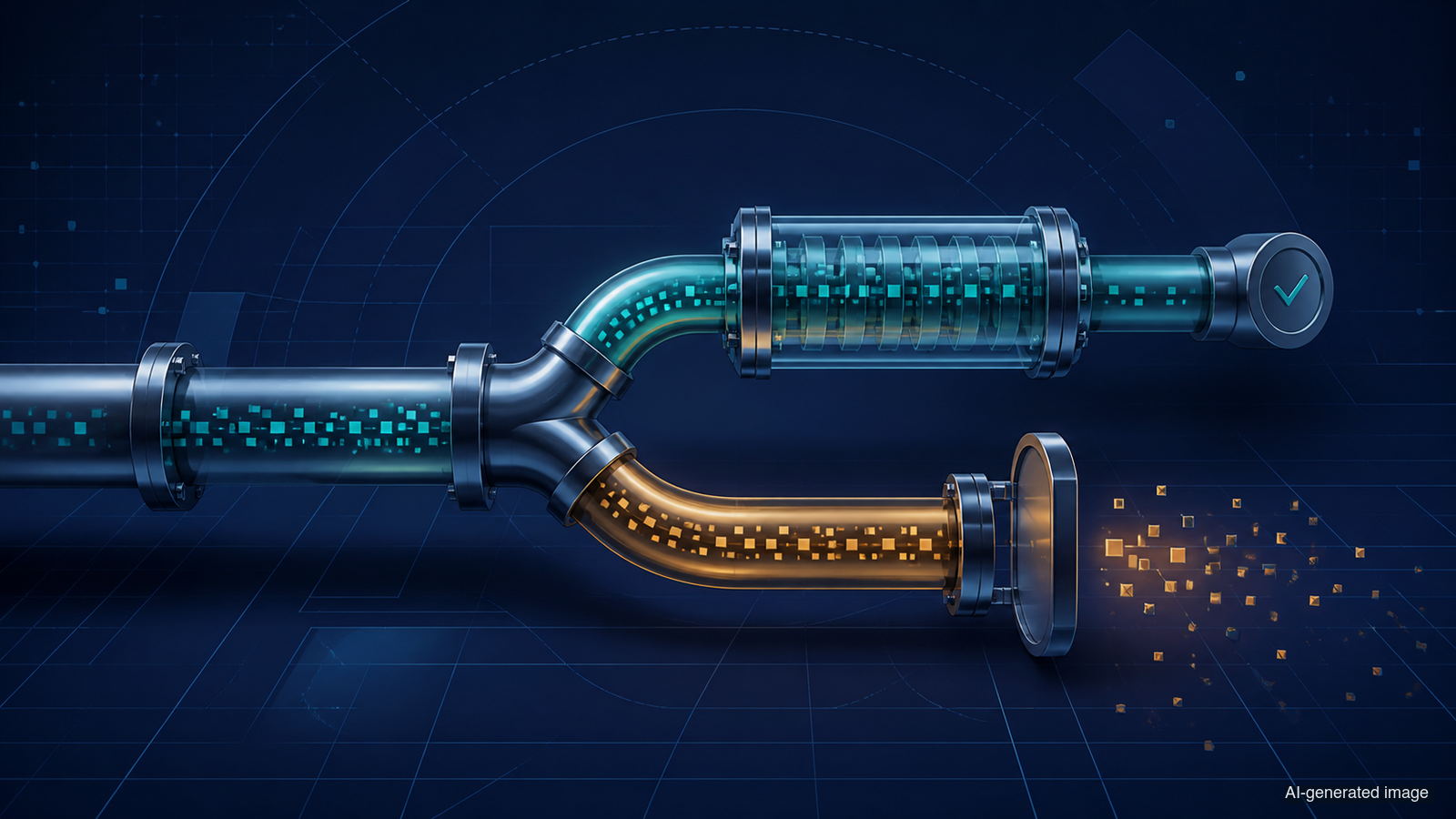 AI-generated editorial illustration of a data pipe splitting into graceful drain and bounded discard routes.