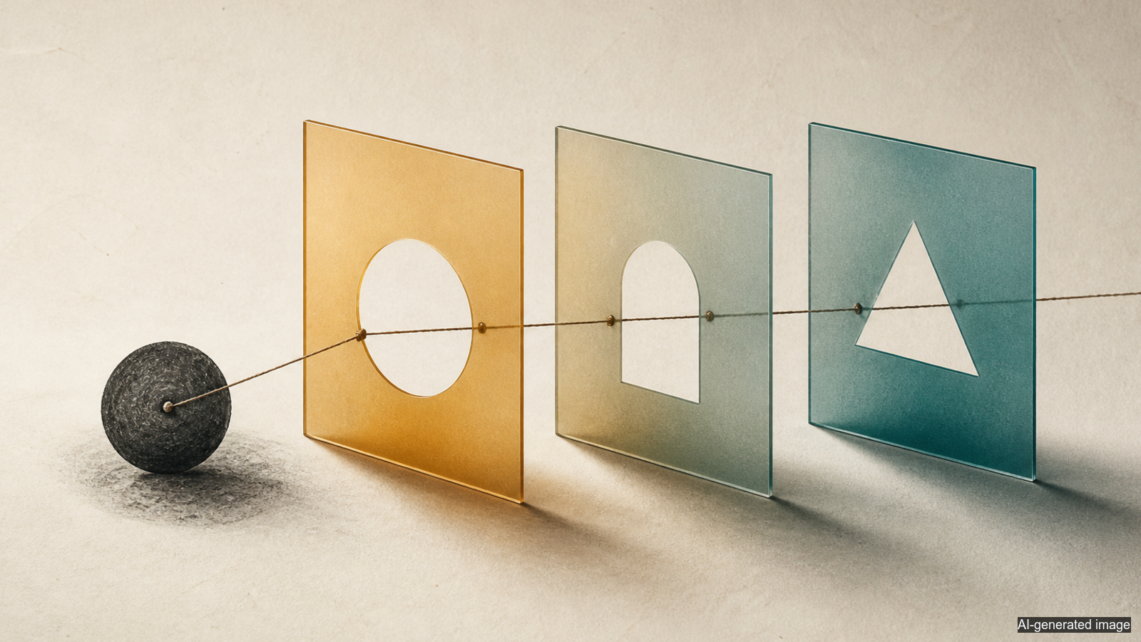 A dark anchored imprint linked through three translucent frames whose openings change from round to angular.